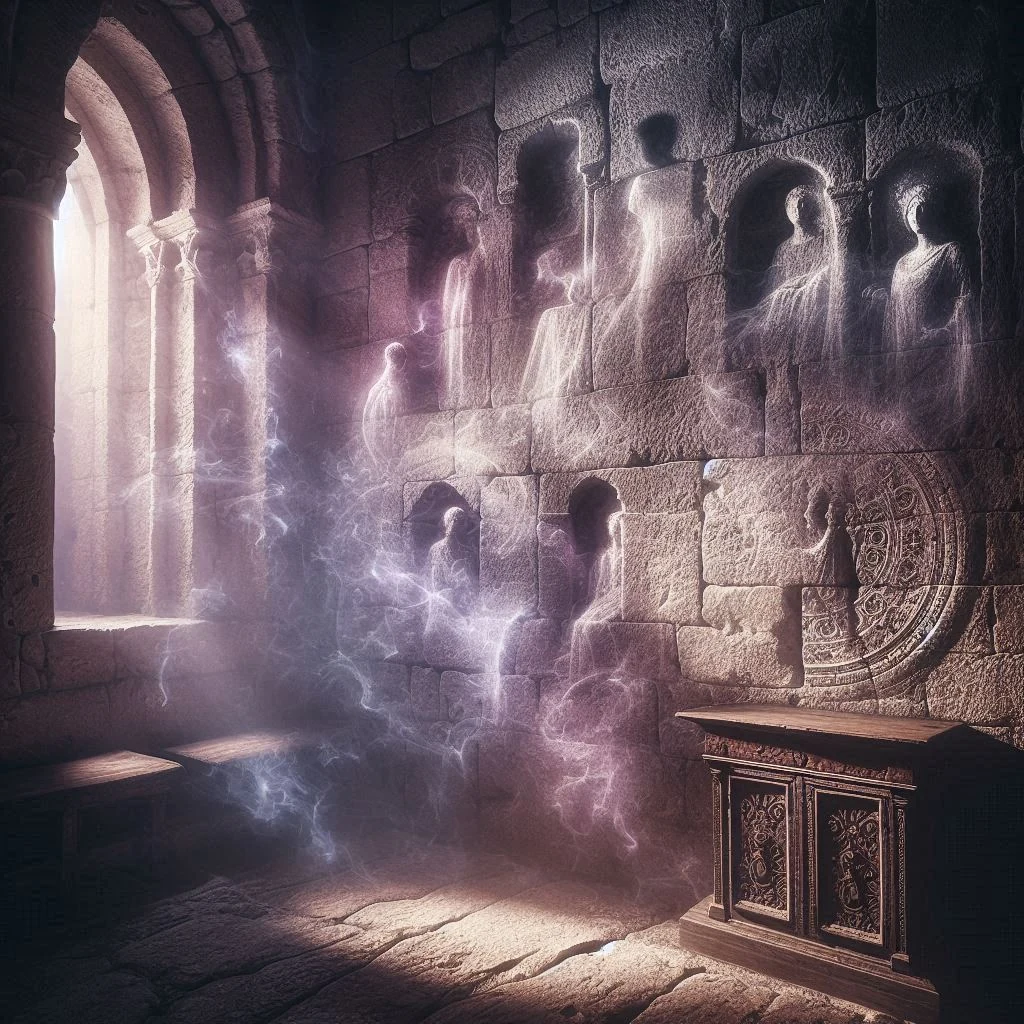 Mémoires des murs : crypte de pierre ancienne où des silhouettes spectrales émergent des parois et une fumée violette monte d'un autel sculpté, illustrant les empreintes énergétiques d'un lieu chargé